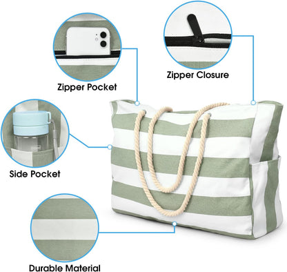 Large Waterproof Beach Tote Bag for Women – Sandproof Zip-Top Beach Bag with Spacious Storage, Pool Bag, Travel Tote, Swim Bag & Summer Vacation Essential for Beach, Camping & Outdoor Adventures