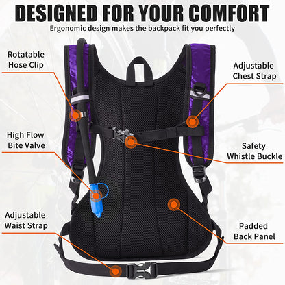 Hydration Pack Backpack with 2L Water Bladder – Lightweight Hydration Backpack for Running, Hiking, Cycling, Biking, Festivals, Raves, Camping & Outdoor Adventures, Leakproof Hydration System for Men & Women