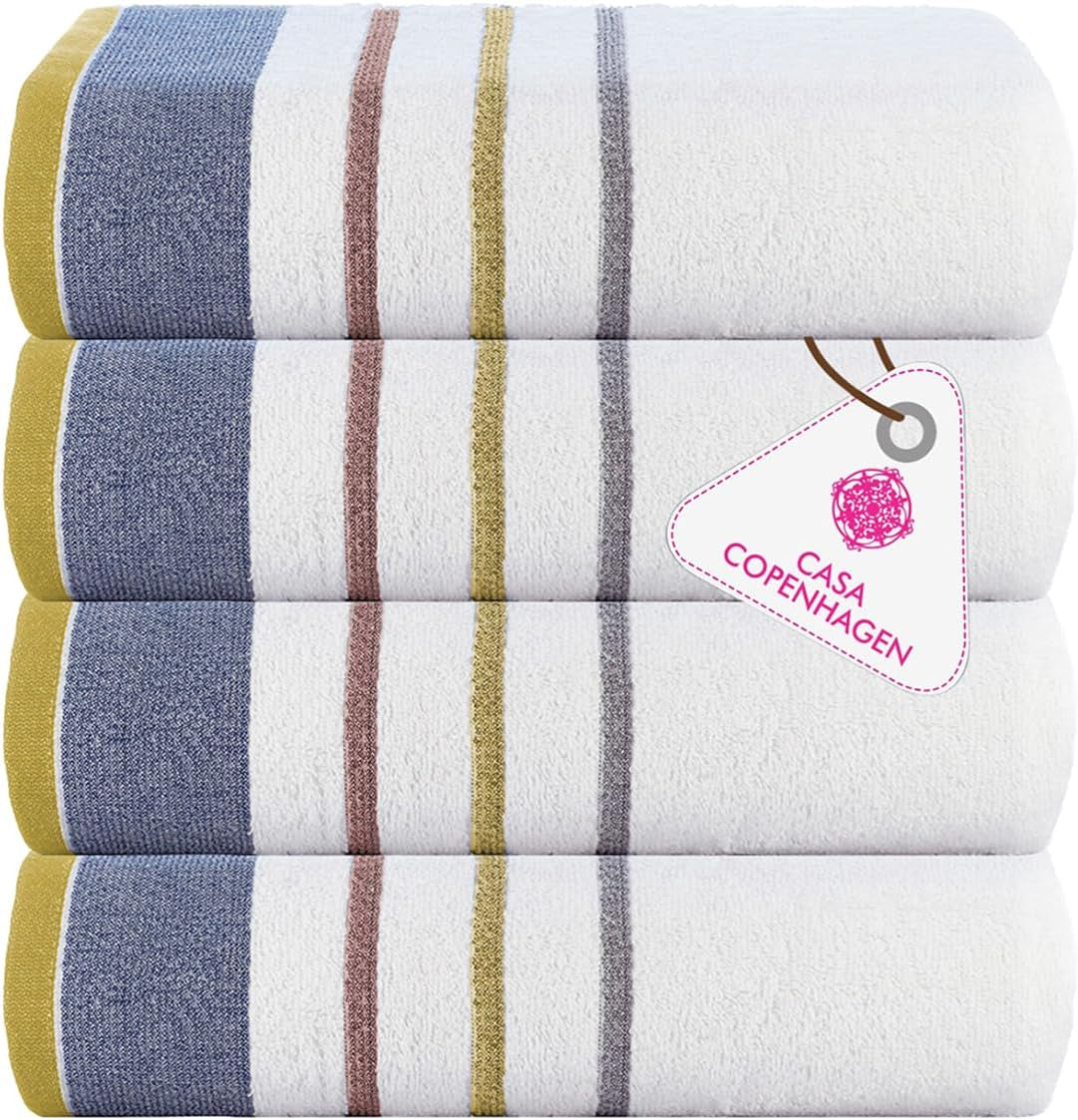 4-Piece Oversized Cabana Beach Towel Set – 100% Cotton Soft Absorbent Pool & Beach Towels, 30" x 60" Designer Stripe Summer Gift Set for Women & Men 