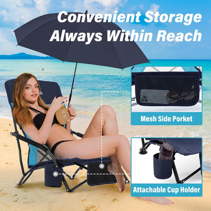 Portable Folding Beach Chair with Detachable Sun Umbrella – Lightweight Camping & Beach Chair with Cup Holder, Storage Pocket & Carry Bag for Adults