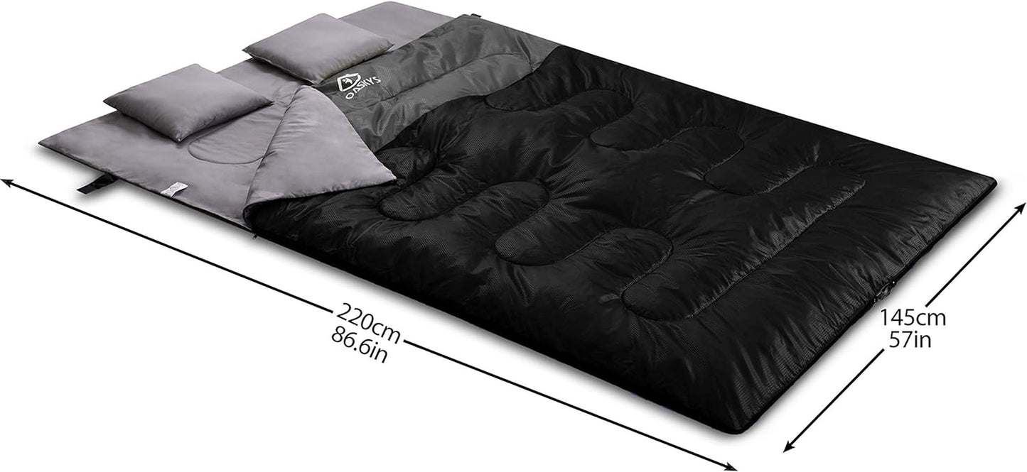 Double Sleeping Bag for Adults with 2 Pillows – Queen Size XL Waterproof Sleeping Bag for 2 People, All-Season Camping Sleeping Bag for Cold & Warm Weather, Hiking, Backpacking & Outdoor Adventures