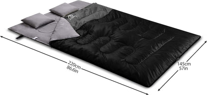 Double Sleeping Bag for Adults with 2 Pillows – Queen Size XL Waterproof Sleeping Bag for 2 People, All-Season Camping Sleeping Bag for Cold & Warm Weather, Hiking, Backpacking & Outdoor Adventures