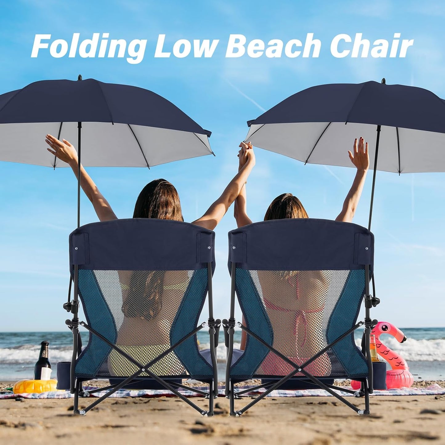Portable Folding Beach Chair with Detachable Sun Umbrella – Lightweight Camping & Beach Chair with Cup Holder, Storage Pocket & Carry Bag for Adults