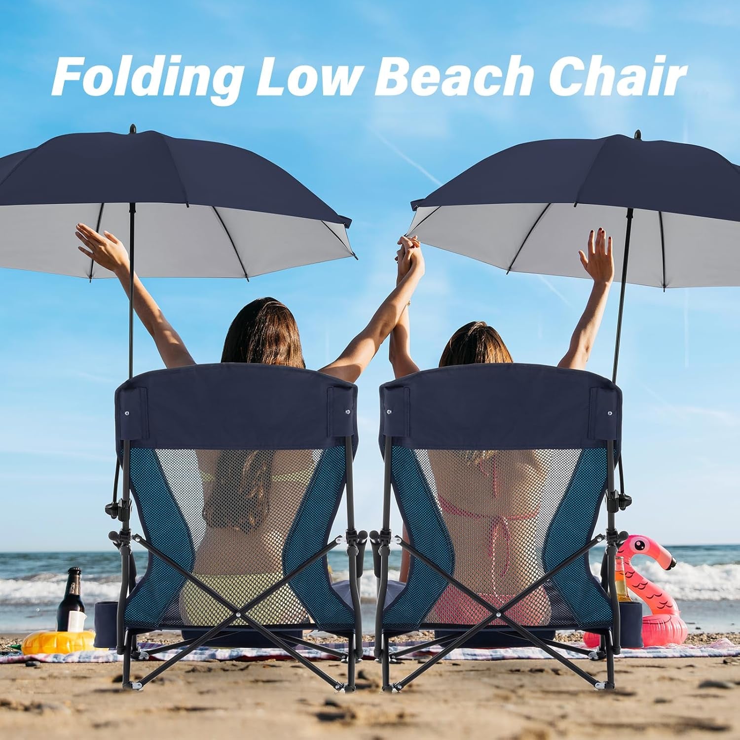 Portable Folding Beach Chair with Detachable Sun Umbrella – Lightweight Camping & Beach Chair with Cup Holder, Storage Pocket & Carry Bag for Adults