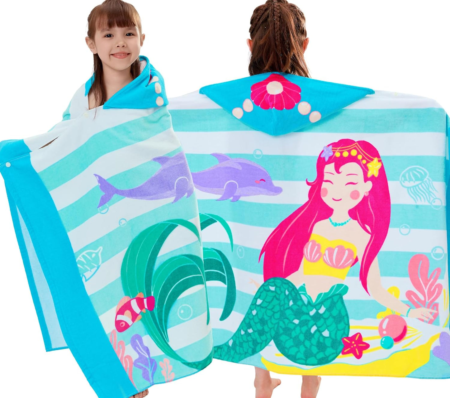 Kids Hooded Beach Towels – 100% Cotton Ultra Absorbent Bath & Pool Poncho for Boys & Girls Ages 3–8, Large Wearable Swim Wrap Gift (30”x50”)