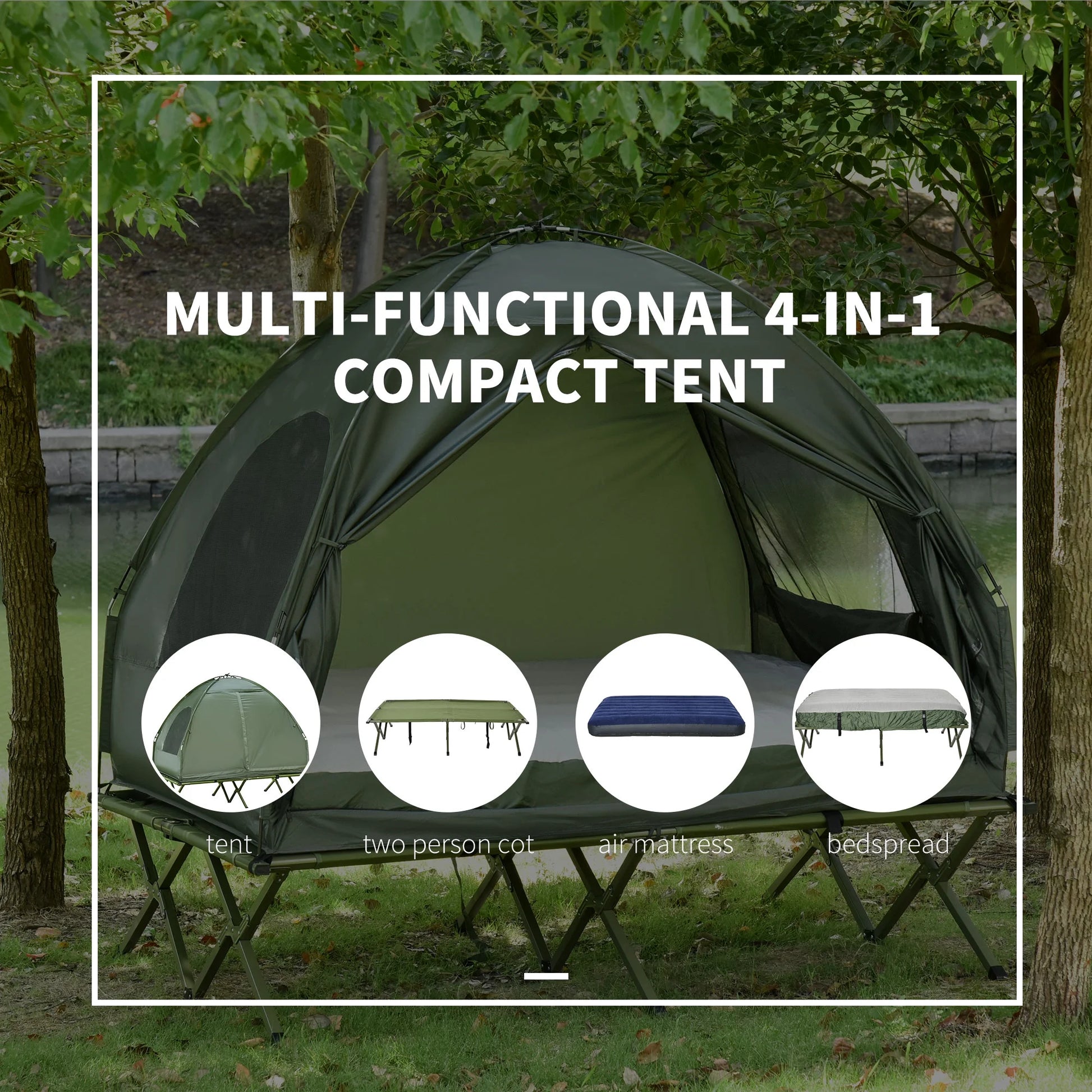 Outsunny 2 Person Camping Cot Tent with Air Mattress – Foldable Elevated Camping Bed with Rain Cover for Outdoor Camping & Hiking