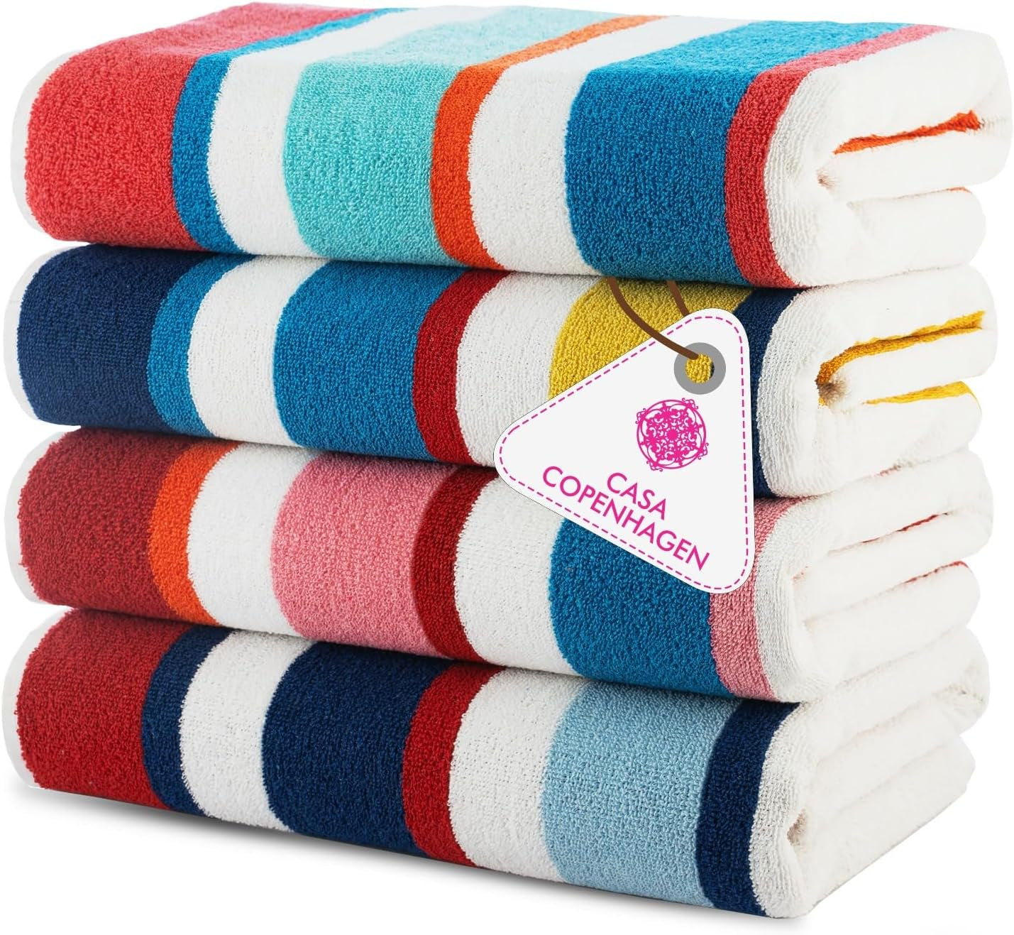 4-Piece Oversized Cabana Beach Towel Set – 100% Cotton Soft Absorbent Pool & Beach Towels, 30" x 60" Designer Stripe Summer Gift Set for Women & Men 