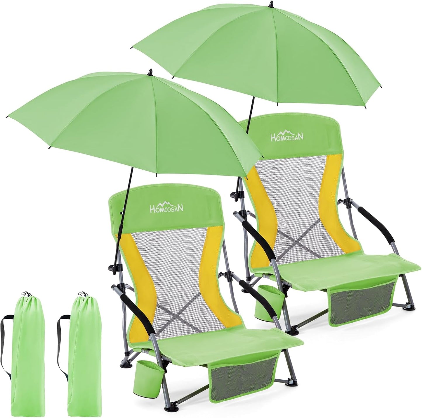 Portable Folding Beach Chair with Detachable Sun Umbrella – Lightweight Camping & Beach Chair with Cup Holder, Storage Pocket & Carry Bag for Adults