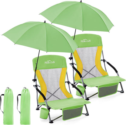 Portable Folding Beach Chair with Detachable Sun Umbrella – Lightweight Camping & Beach Chair with Cup Holder, Storage Pocket & Carry Bag for Adults